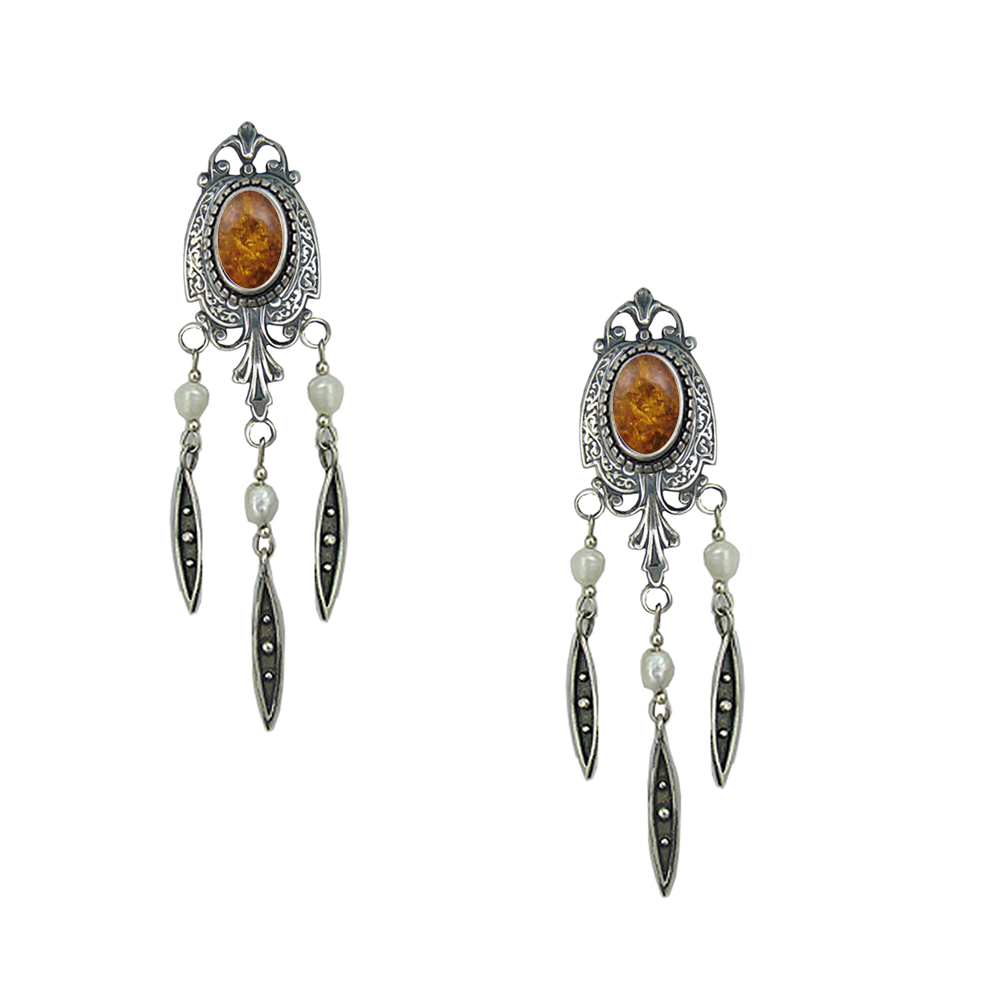 Sterling Silver Victorian Style Drop Dangle Earrings With Amber